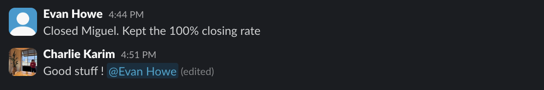 Slack message about closing a deal